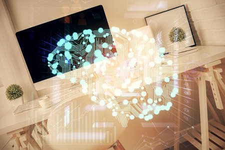 Multi exposure of brain drawing and office interior background. Concept of data technology.の写真素材