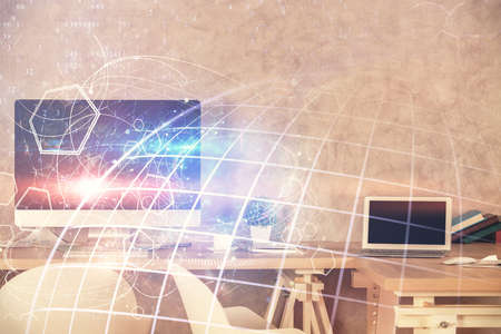 Multi exposure of world map drawing and office interior background. Concept of international...