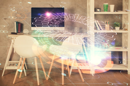 Multi exposure of data theme drawing and office interior background. Concept of technology.の写真素材