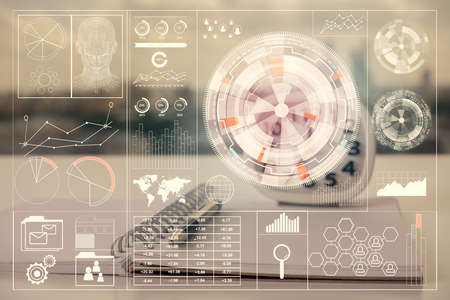 Multi exposure of data theme drawings and desk with open notebook background. Concept of educationの写真素材