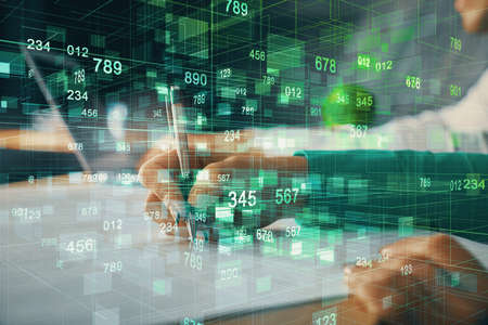 Double exposure of data theme sketch drawing over people writing background. Concept of technology