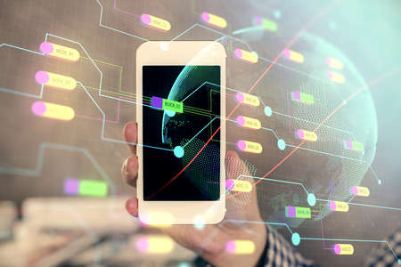 Multi exposure of man's hands holding and using a digital device and map drawing. International...