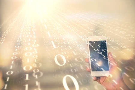 Double exposure of technology sketch hologram and woman holding and using a mobile device.
