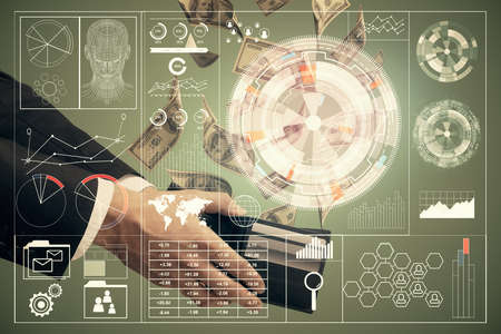 Multi exposure of technology drawing hologram and us dollars bills and man hands. Data concept