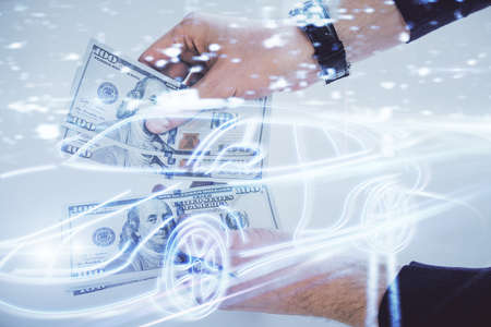 Multi exposure of Tech taxi drawing hologram and USA dollars bills and man hands. Technology...