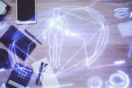 Double exposure of education theme drawing and work table top veiw.の写真素材