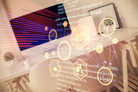 Multi exposure of data theme drawing and office interior background. Concept of technology.