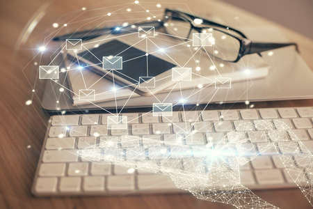 Double exposure of envelope sketch over cell phone background. Concept of smsの写真素材