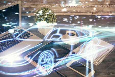 Double exposure of automobile theme sketch over cell phone background. Concept of technologyの写真素材