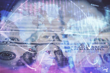 Multi exposure of business theme drawing over us dollars bill background. Concept of financial success.の写真素材