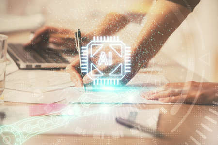 Double exposure of woman hands working on computer and data theme hologram drawing. Tech concept.