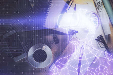 Double exposure of AR glasses drawing and work table top veiw. Concept of virtual reality.