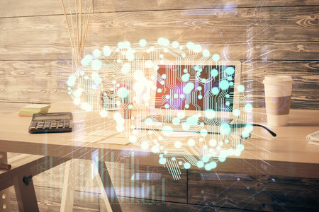 Double exposure of brain drawing and office interior background. Concept of data technology.の写真素材
