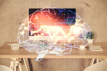 Multi exposure of brain drawing and office interior background. Concept of data technology.
