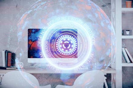 Double exposure of tech theme drawings and office interior background. Technology concept.の写真素材