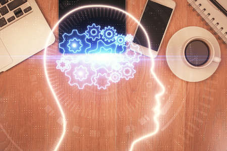 Multi exposure of brain drawing over work table desktop. Top view. Global data analysis concept.