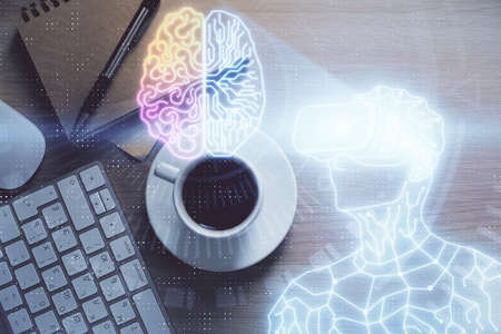 Double exposure of AR glasses drawing and work table top veiw. Concept of virtual reality.の写真素材