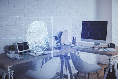 Double exposure of finger print and office interior background. Concept of security.の写真素材