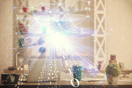 Double exposure of data theme drawing and office interior background. Concept of technology.