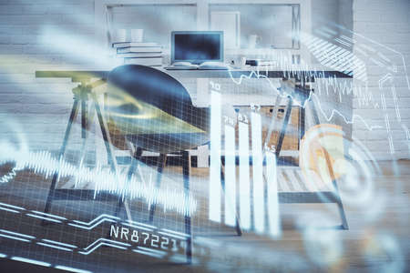 Double exposure of tech theme drawings and office interior background. Technology concept.