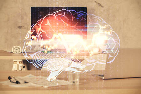 Multi exposure of brain drawing and office interior background. Concept of data technology.
