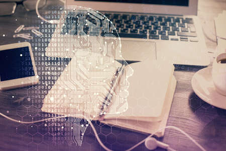 Multi exposure of brain drawings and desk with open notebook background. Concept of AI