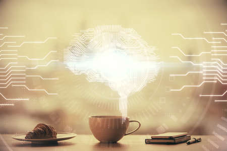 Double exposure of Ai data brain drawing over coffee cup background.