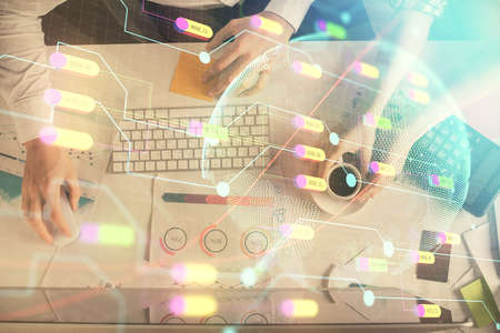 Double exposure of man and woman working together and world map hologram drawing. international...