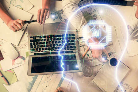 Double exposure of man and woman working together and brain drawing hologram. Intellectual...