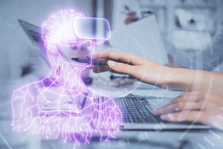 Double exposure of woman hands typing on computer and man in AR glasses drawing. Education concept.