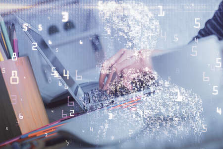 Double exposure of woman hands typing on computer and technology theme drawing. High Tech concept.
