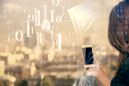 Double exposure of technology sketch hologram and woman holding and using a mobile device.