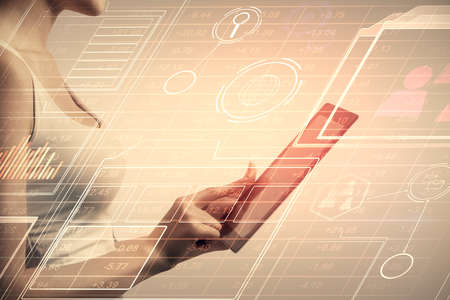 Double exposure of technology sketch hologram and woman holding and using a mobile device.