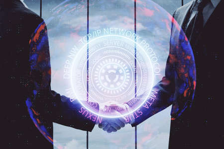 Double exposure of tech hologram and handshake of two men. Deal concept.の写真素材
