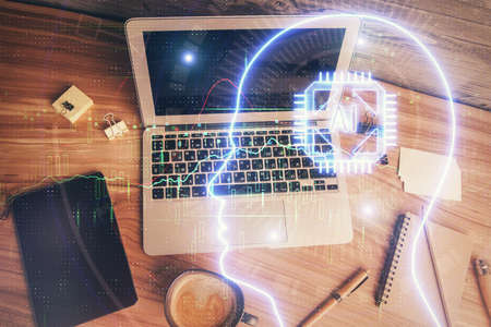 Multi exposure of brain sketch hologram over topview work table background with computer. Concept of big data.の写真素材