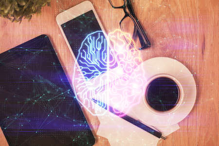 Multi exposure of brain drawing over work table desktop. Top view. Global data analysis concept.の写真素材