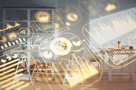 Double exposure of tech theme drawings and office interior background. Technology concept.