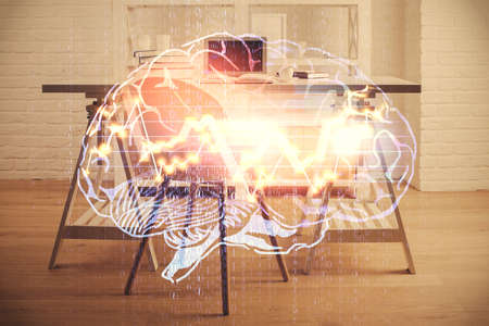 Multi exposure of brain drawing and office interior background. Concept of data technology.
