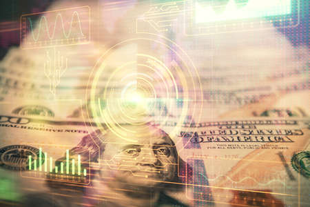 Double exposure of data theme drawing over us dollars bill background. Technology concept.の写真素材