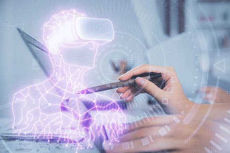 Double exposure of woman hands typing on computer and man in AR glasses drawing. Education concept.