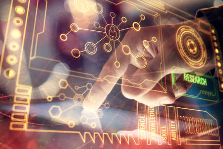 Multi exposure of man's hand holding and using a digital device and data theme drawing. Innovation...