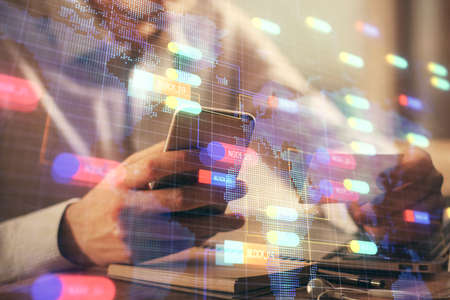 Multi exposure of man's hands holding and using a digital device and data theme drawing. Innovation...