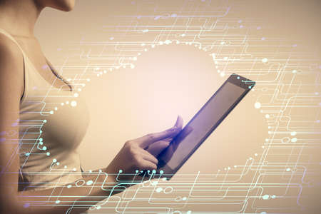 Double exposure of technology sketch hologram and woman holding and using a mobile device.