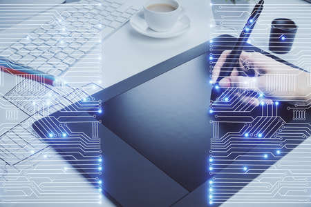 Double exposure of tech icon hologram and woman holding and using a mobile device. Technology...