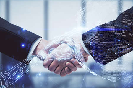 Double exposure of tech hologram and handshake of two men. Deal concept.の写真素材