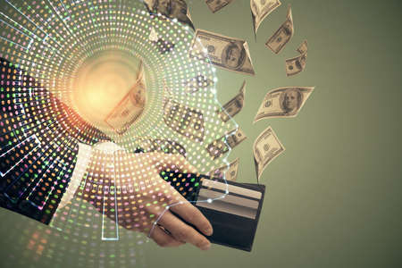 Multi exposure of brain drawing hologram and us dollars bills and man hands. Ai invest concept
