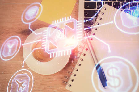 Double exposure of data drawing hologram over topview of study desk background with computer....