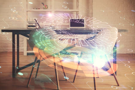 Multi exposure of data theme drawing and office interior background. Concept of technology.の写真素材