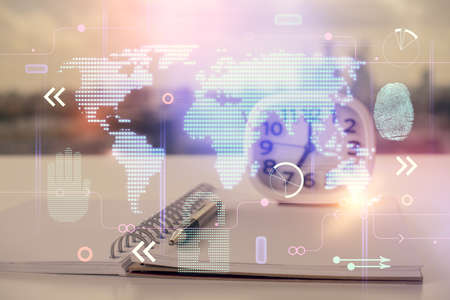 Multi exposure of world map drawings and desk with open notebook background. Concept of...