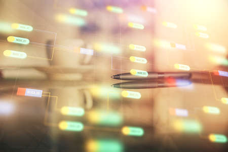 Double exposure of Ai data theme drawing over coffee cup background in office.の写真素材